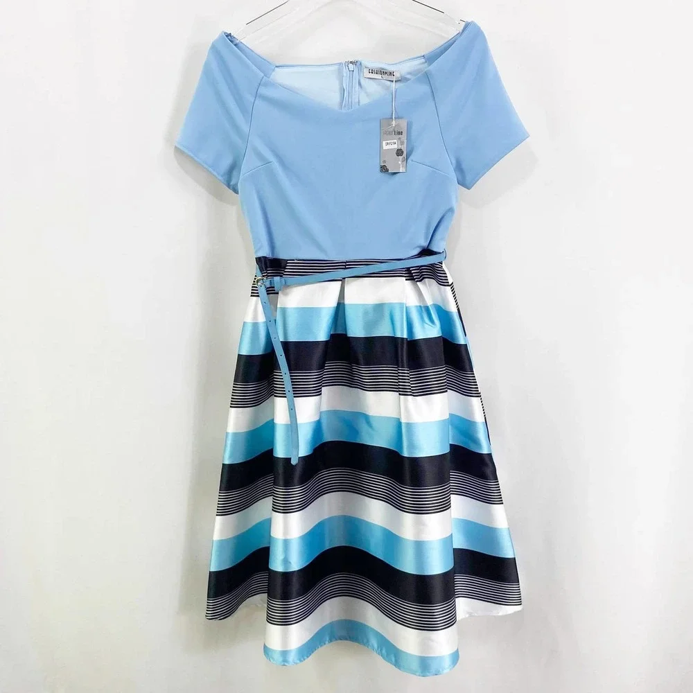 FASHION LINE Vintage 90s Blue Striped Off Shoulder V-Neck Midi Dress - Picture 8 of 8